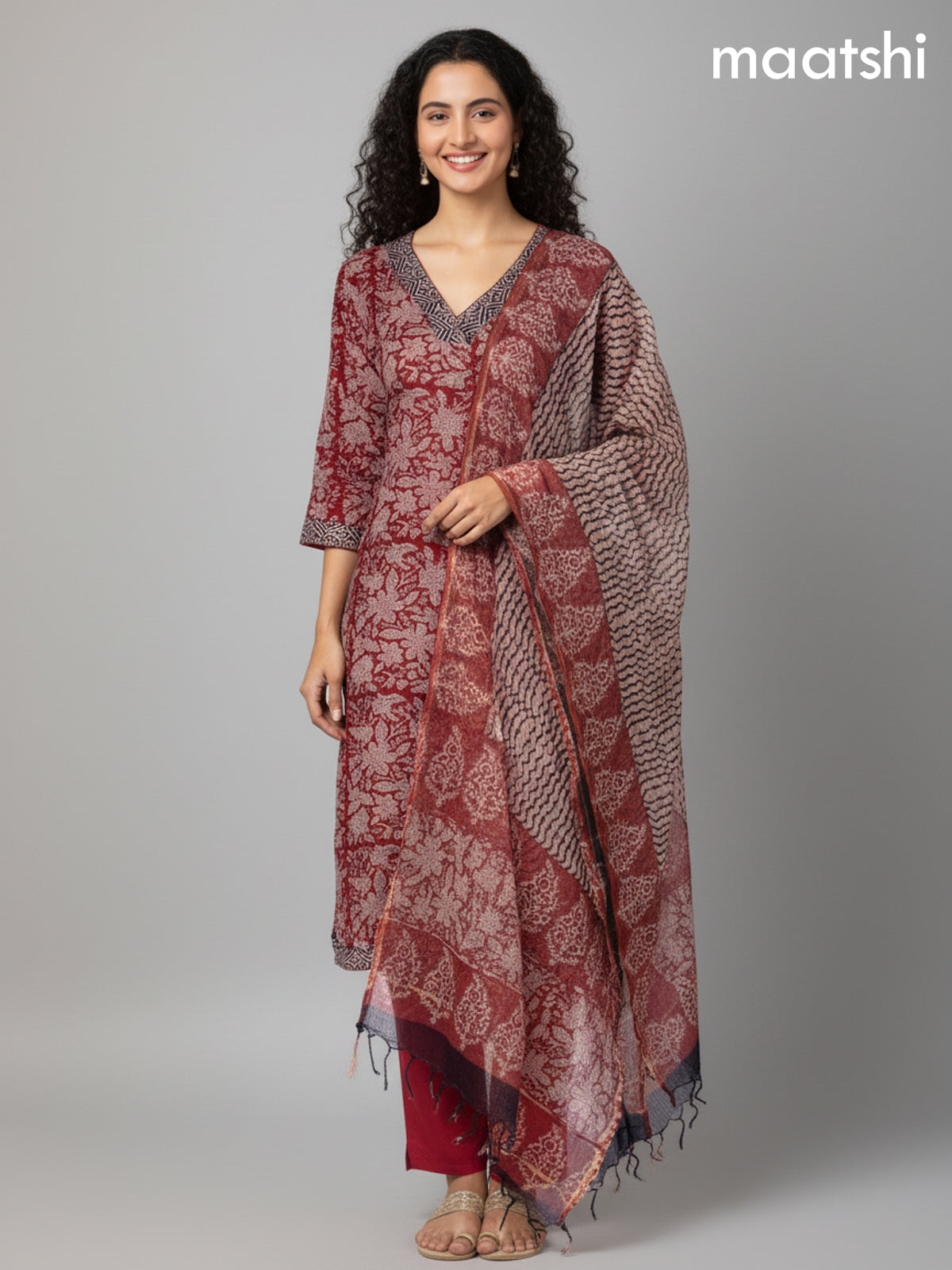 Rustic Maroon Kota Floral Printed Straight Suit