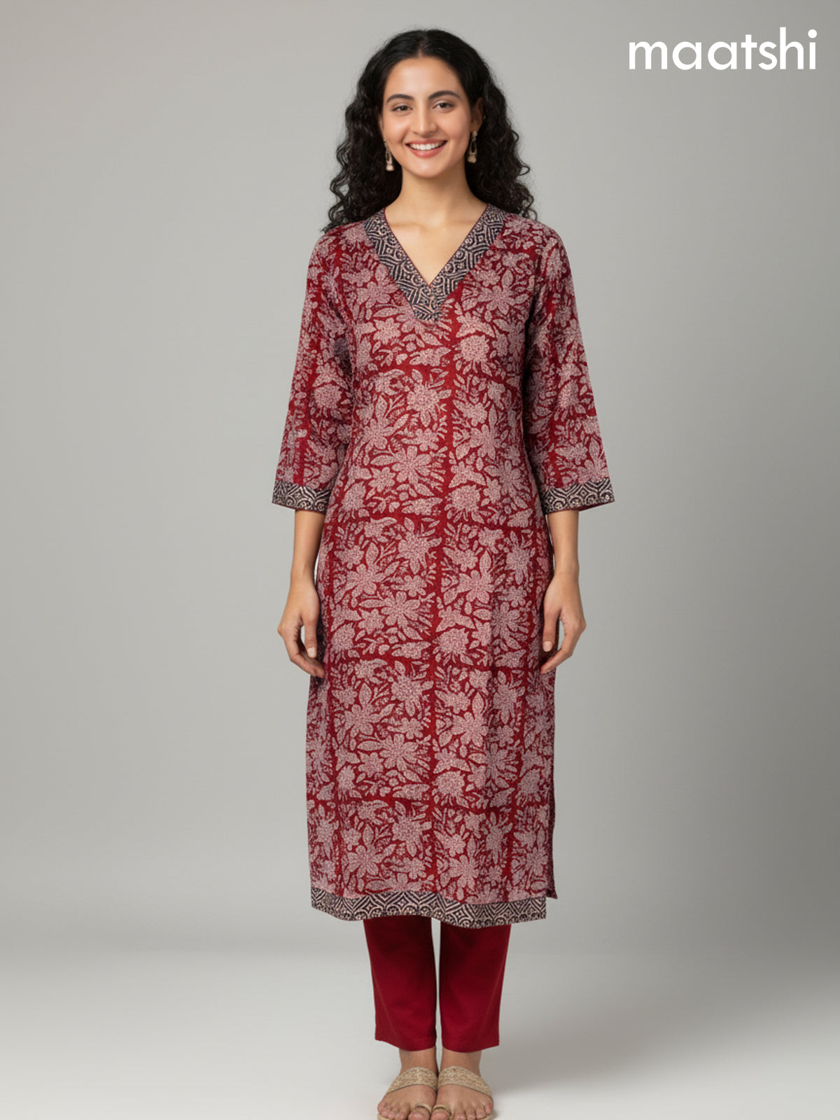 Rustic Maroon Kota Floral Printed Straight Suit