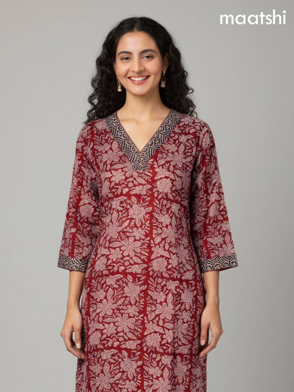 Rustic Maroon Kota Floral Printed Straight Suit