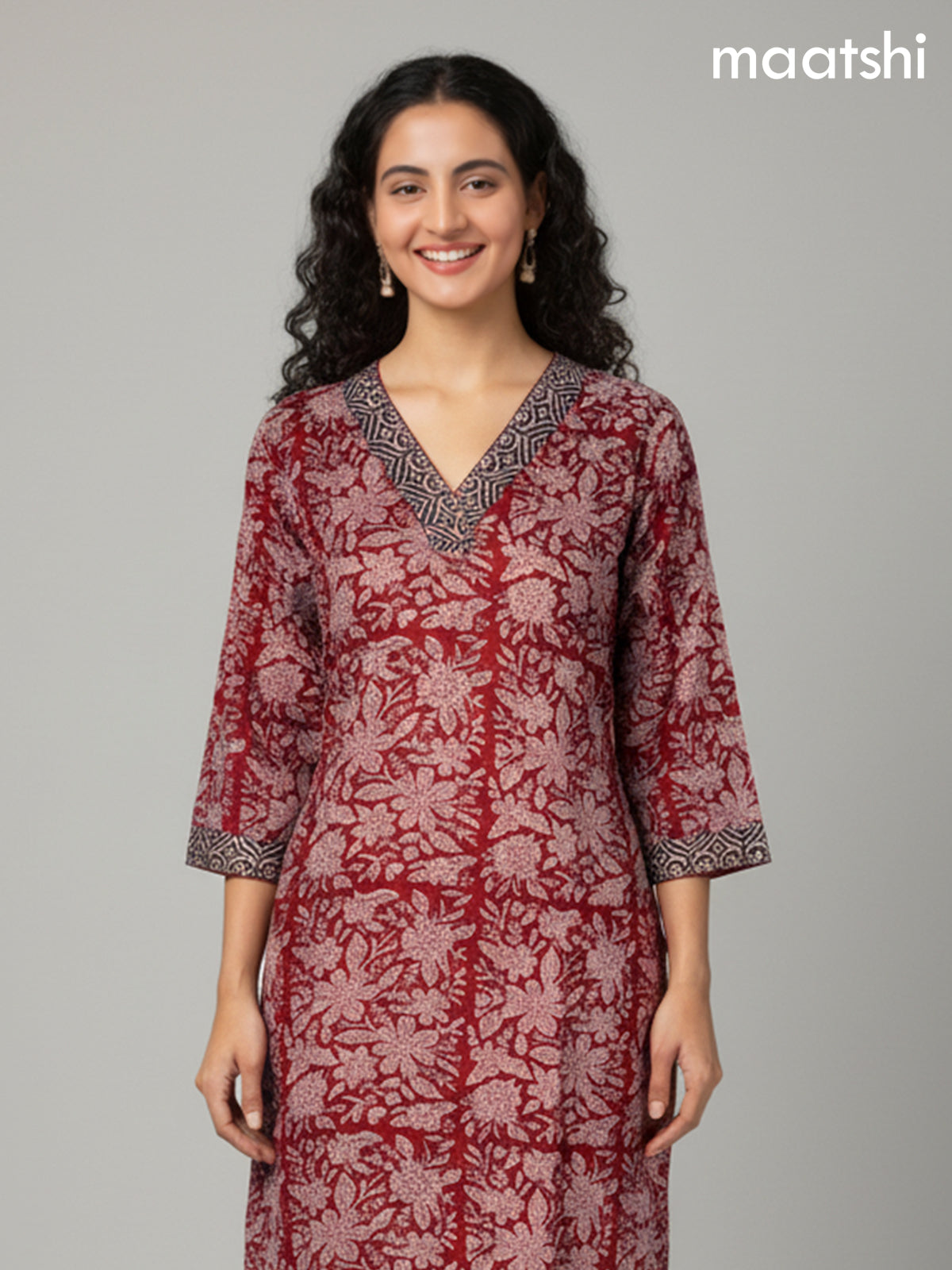 Rustic Maroon Kota Floral Printed Straight Suit