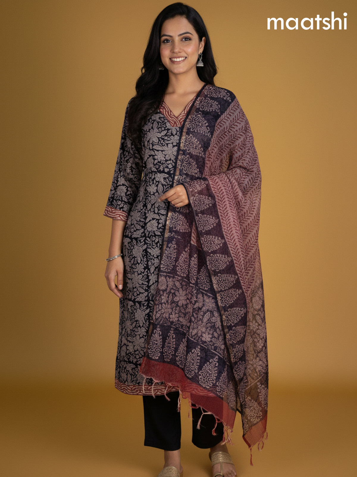 Black Kota Floral Printed Straight Suit
