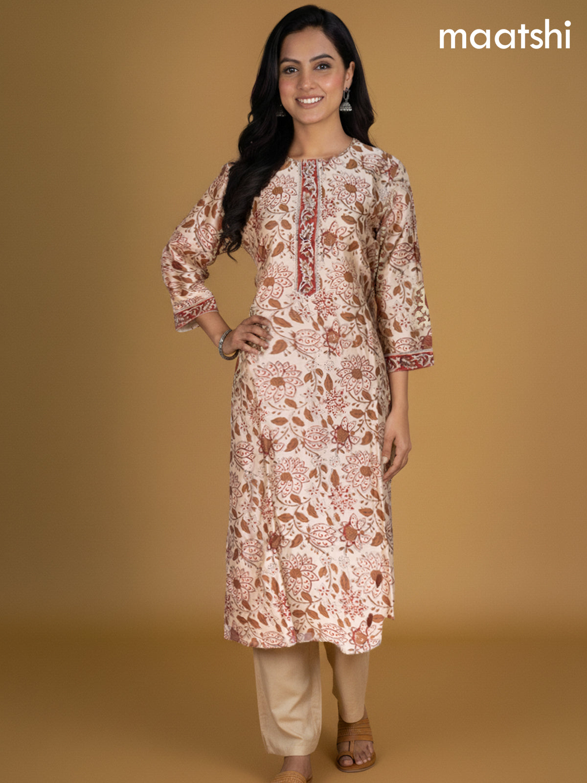Beige and Rust Shade Chanderi Floral Printed Straight Suit