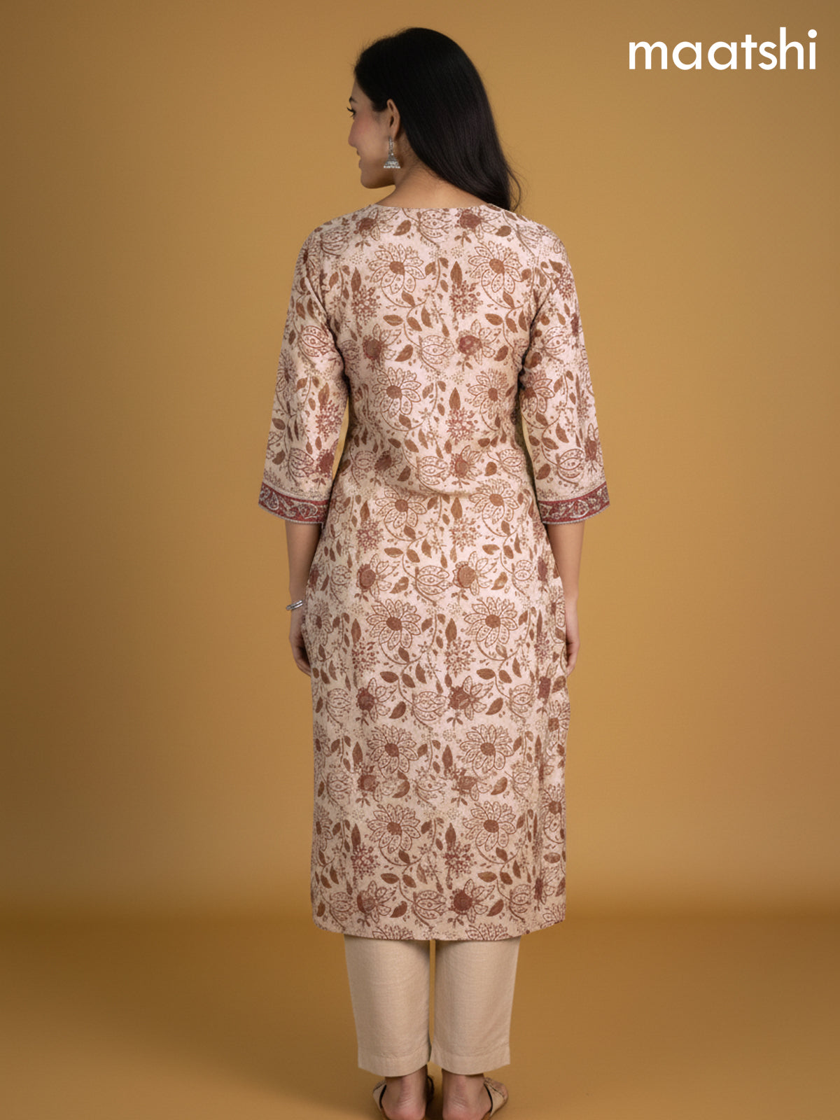 Beige and Rust Shade Chanderi Floral Printed Straight Suit