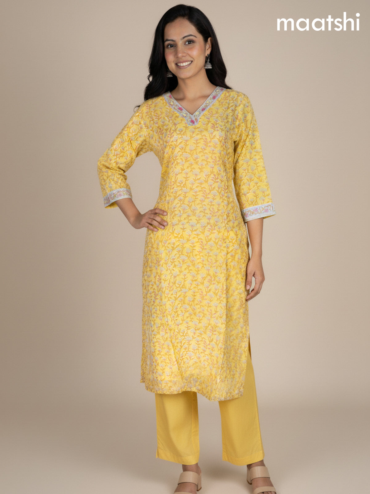 Yellow Kota Floral Printed Straight Suit