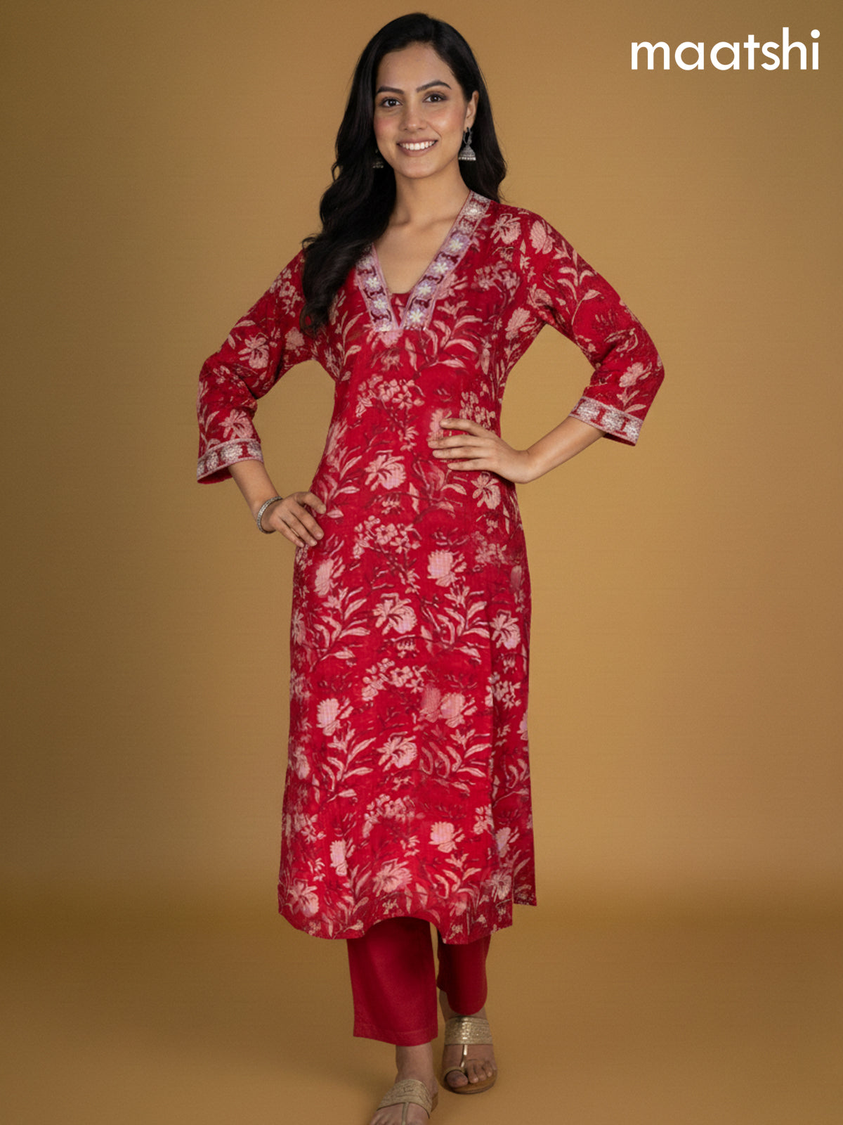 Red Kota Floral Printed Straight Suit