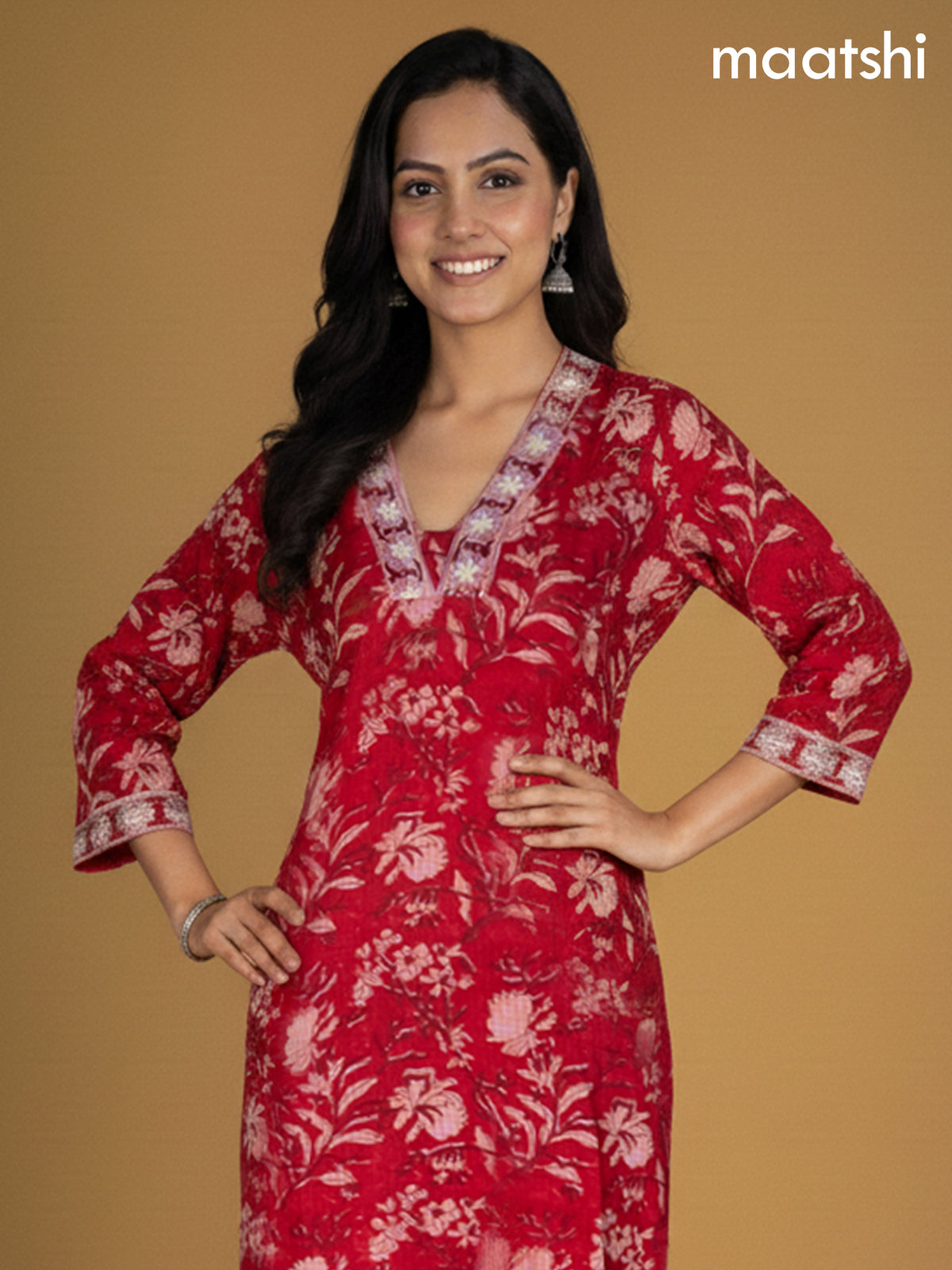 Red Kota Floral Printed Straight Suit