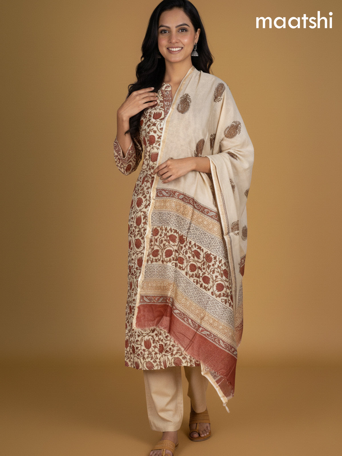 Beige and Rust Shade Chanderi Kalamkari Printed Straight Suit