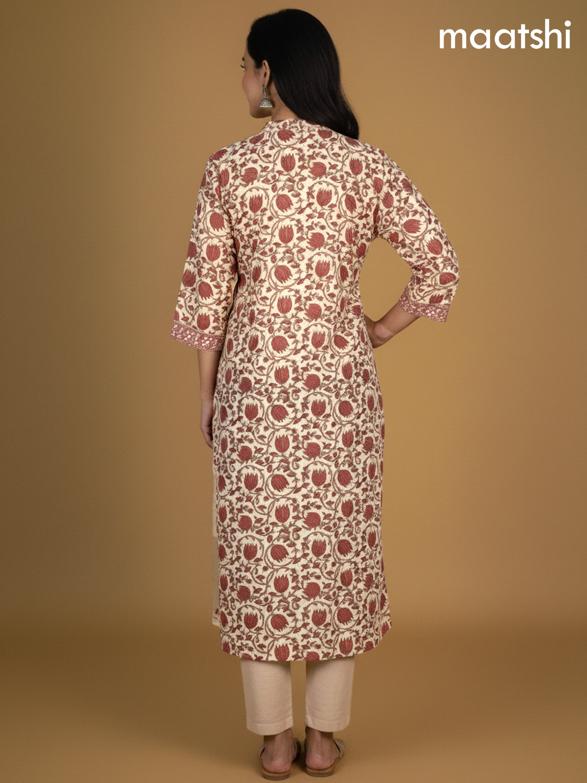 Beige and Rust Shade Chanderi Kalamkari Printed Straight Suit