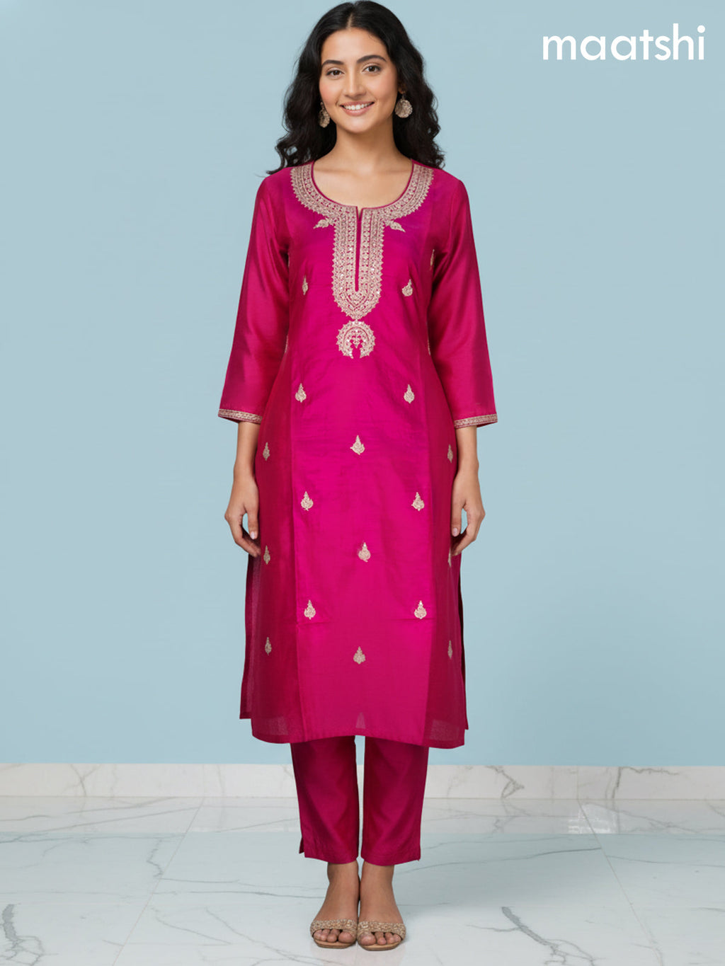 Pink Mul Chanderi Embroidery Work Straight Suit