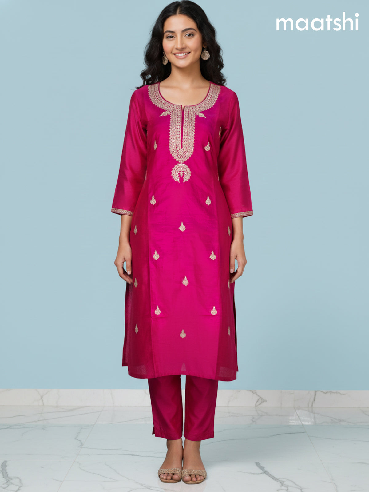 Pink Mul Chanderi Embroidery Work Straight Suit