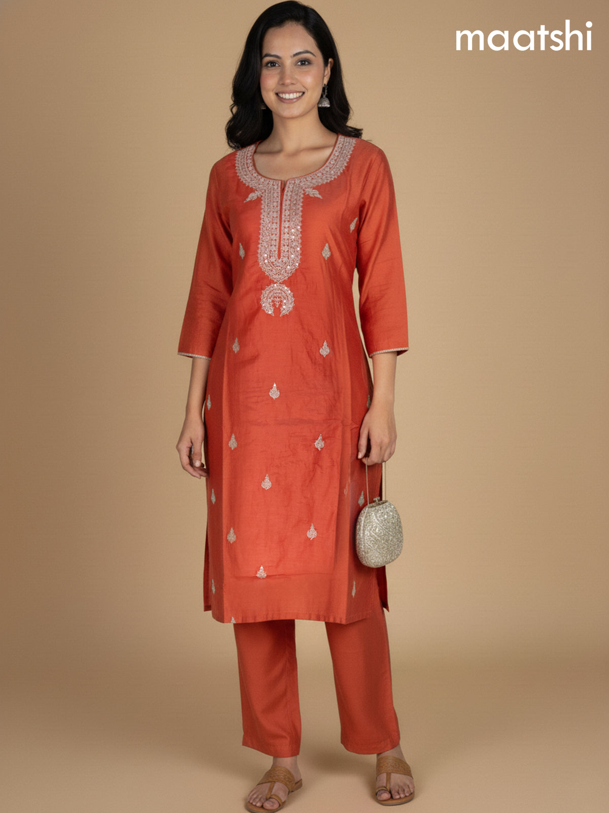 Rustic Orange Mul Chanderi Embroidery Work Straight Suit
