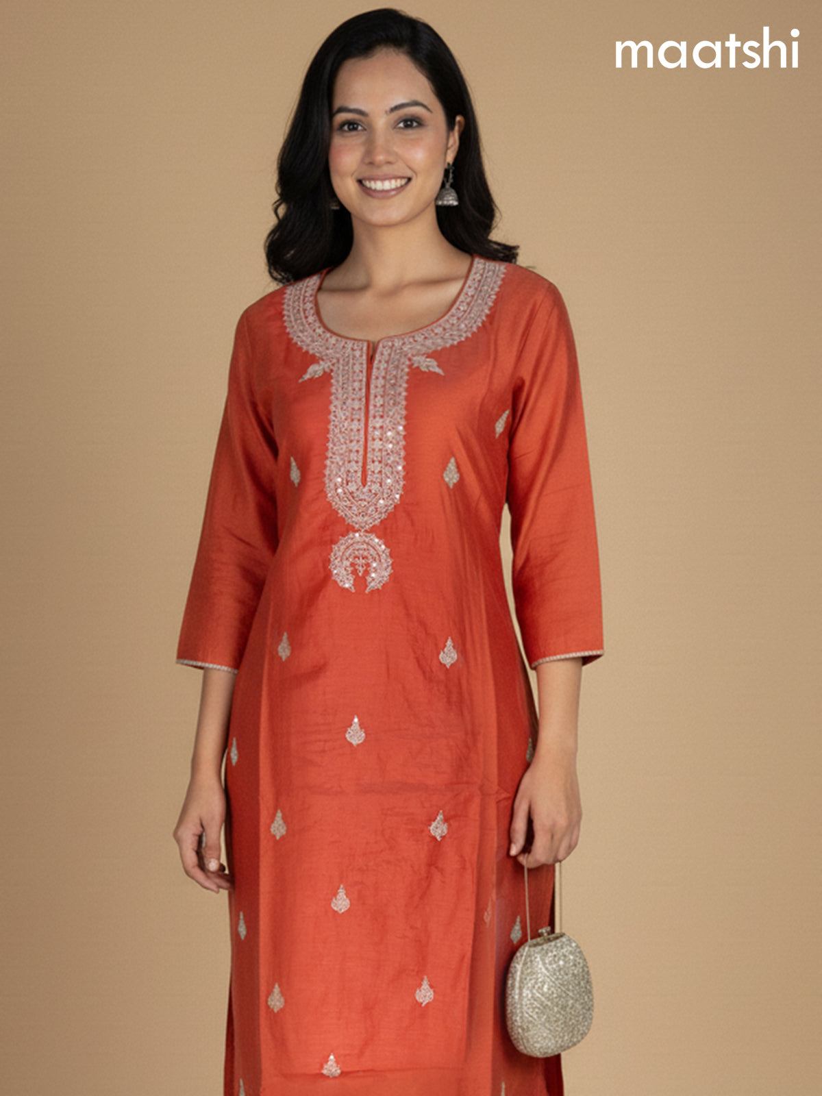 Rustic Orange Mul Chanderi Embroidery Work Straight Suit