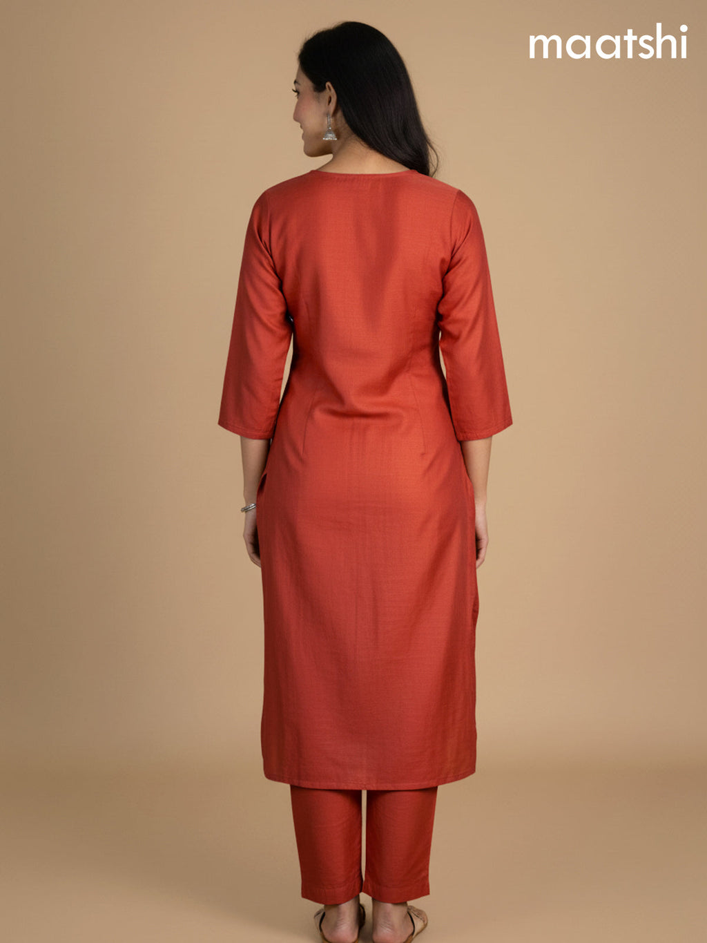 Rustic Orange Mul Chanderi Embroidery Work Straight Suit