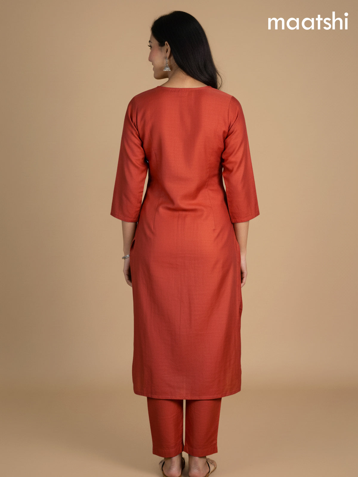 Rustic Orange Mul Chanderi Embroidery Work Straight Suit