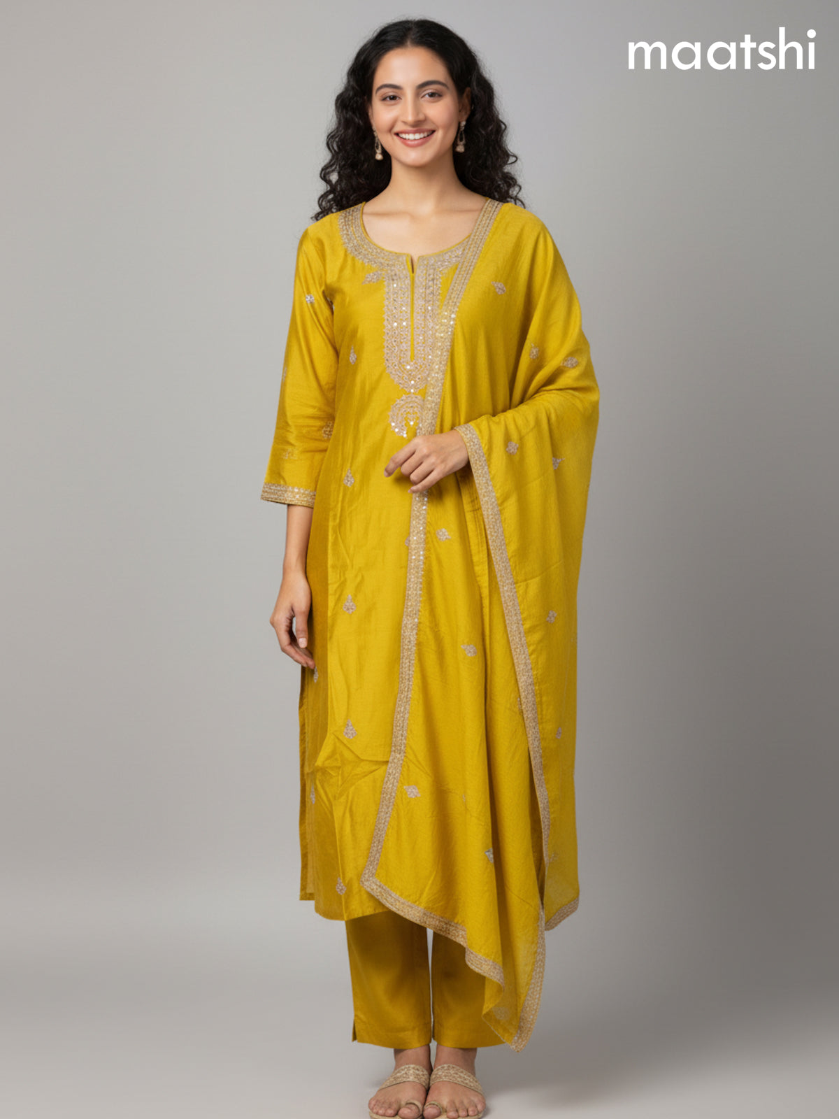 Mustard Yellow Mul Chanderi Embroidery Work Straight Suit