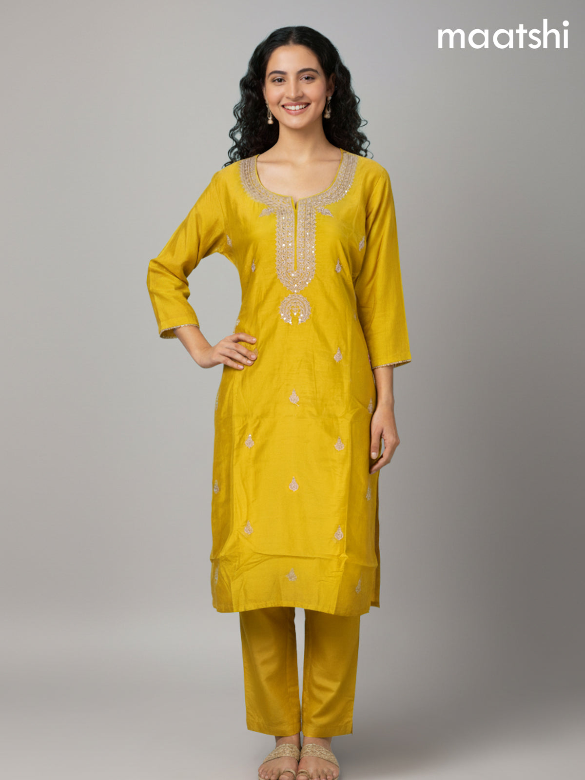Mustard Yellow Mul Chanderi Embroidery Work Straight Suit