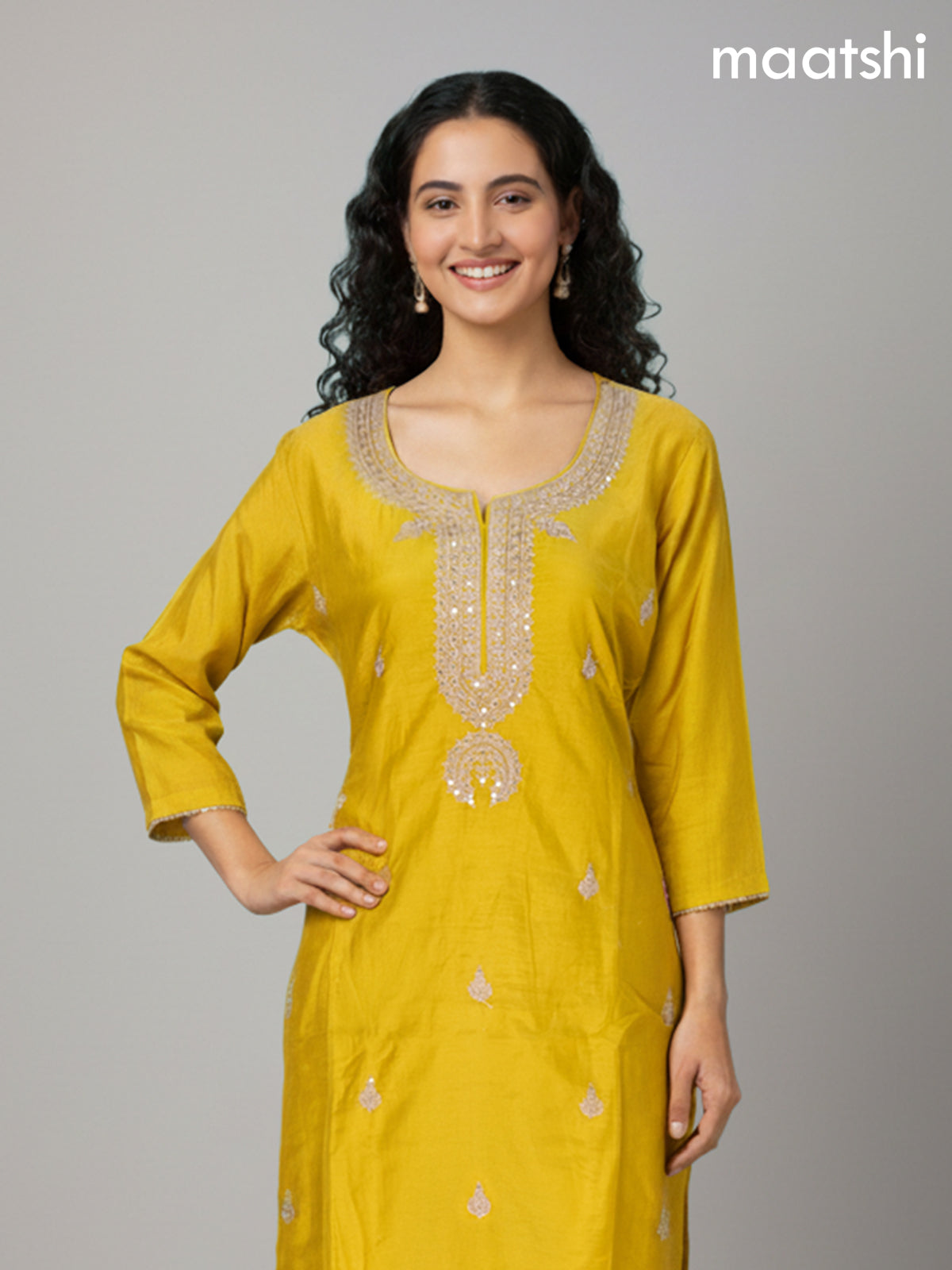 Mustard Yellow Mul Chanderi Embroidery Work Straight Suit
