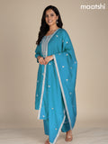 Teal Blue Mul Chanderi Embroidery Work Straight Suit