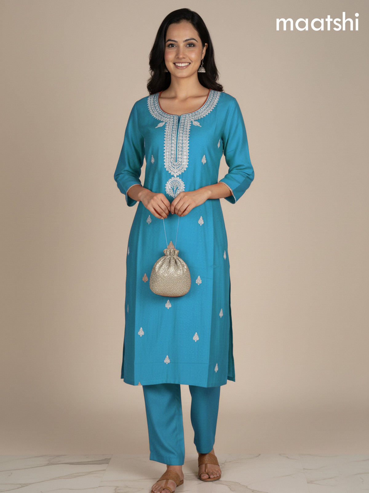 Teal Blue Mul Chanderi Embroidery Work Straight Suit