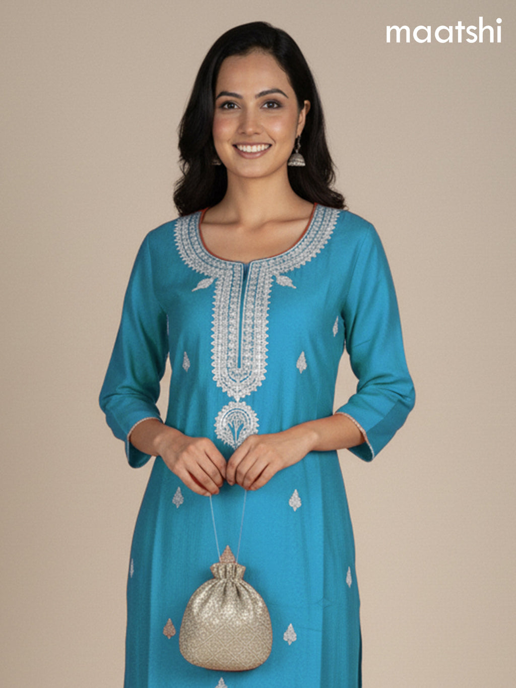 Teal Blue Mul Chanderi Embroidery Work Straight Suit