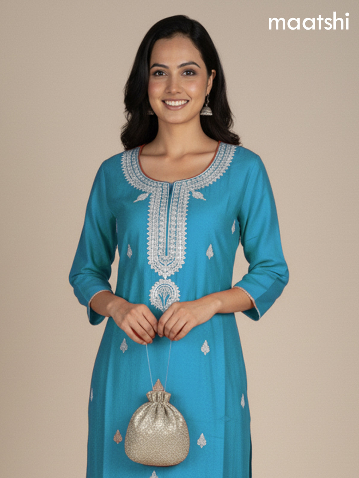 Teal Blue Mul Chanderi Embroidery Work Straight Suit