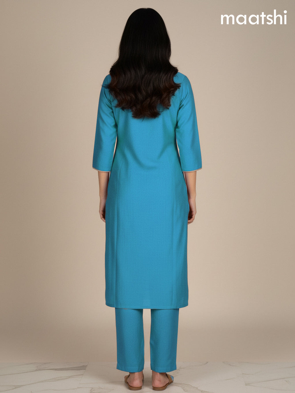 Teal Blue Mul Chanderi Embroidery Work Straight Suit