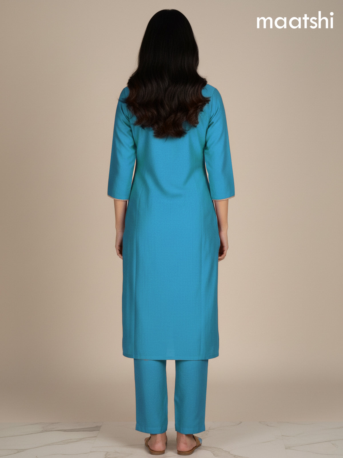 Teal Blue Mul Chanderi Embroidery Work Straight Suit