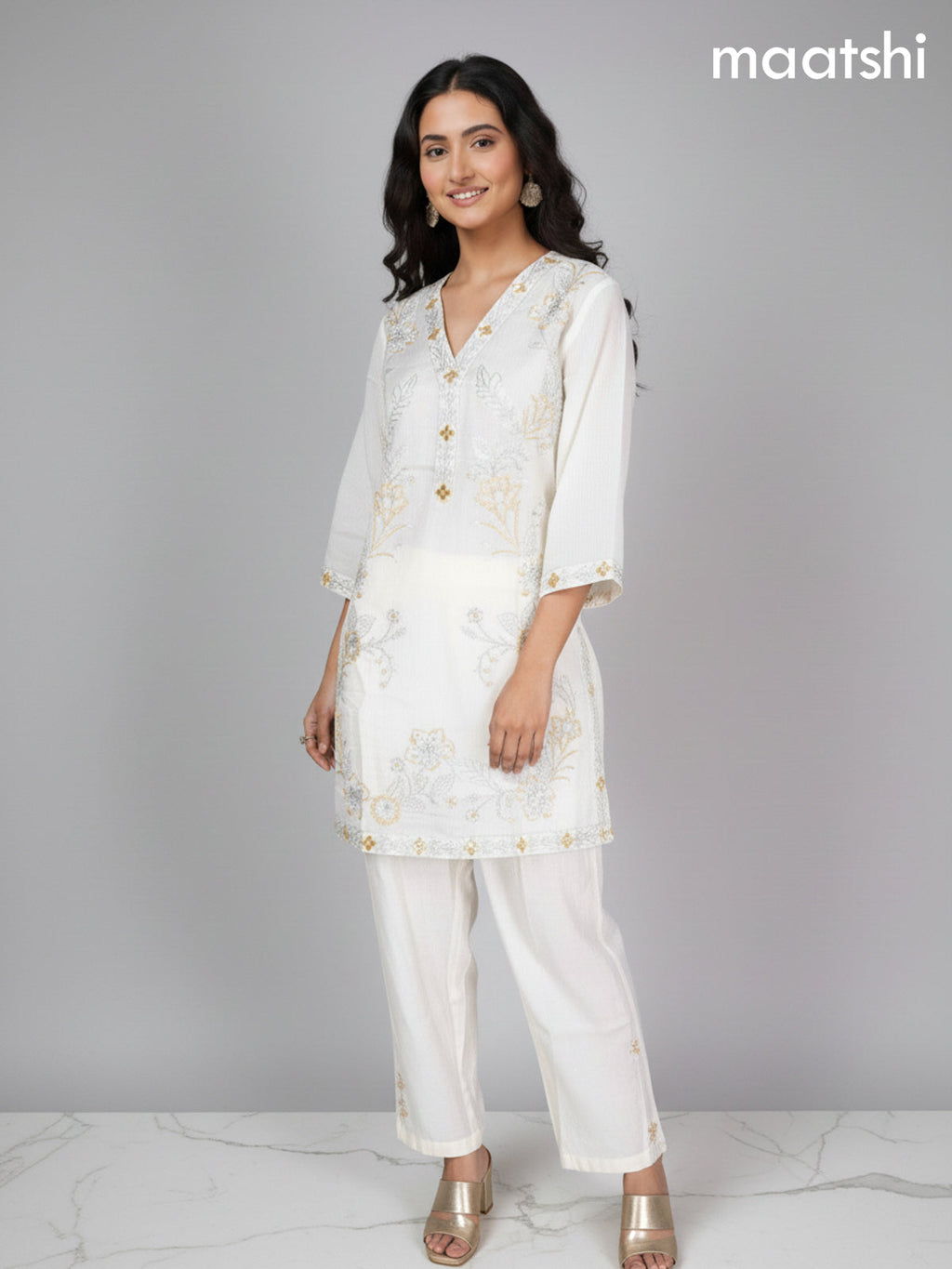 Cream Muslin Embroidery Work Co-Ord Set