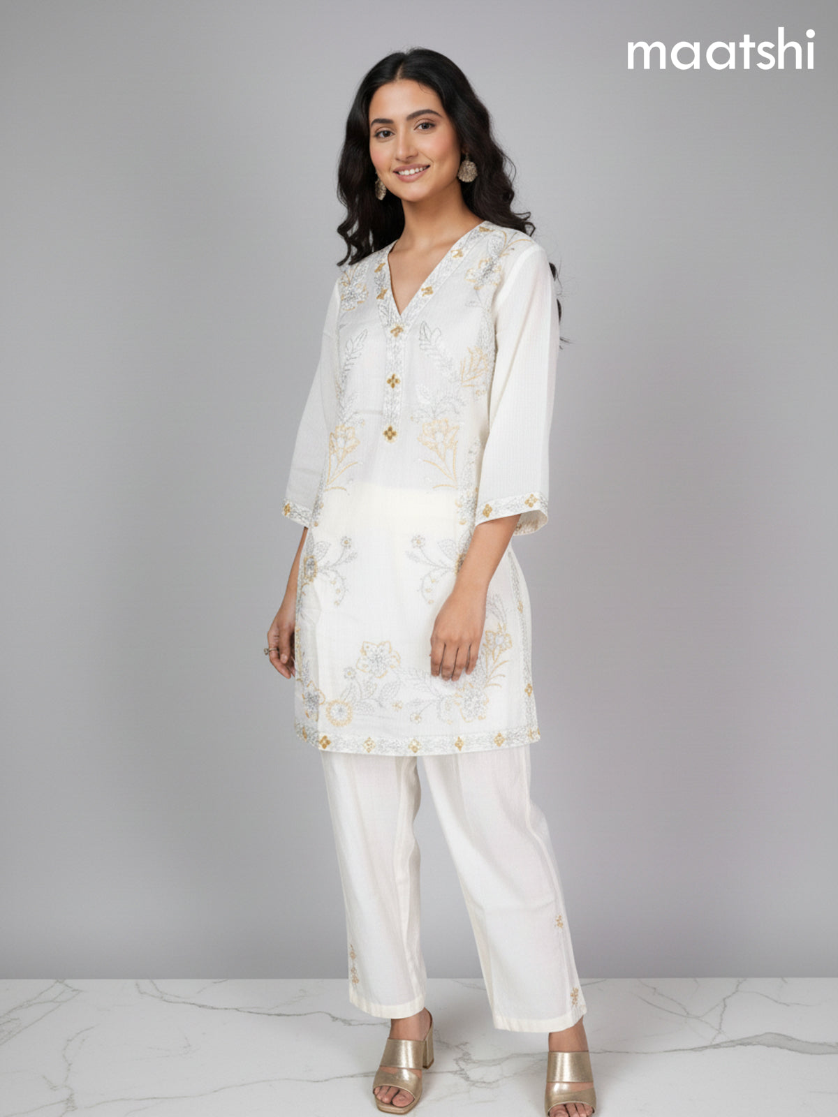Cream Muslin Embroidery Work Co-Ord Set