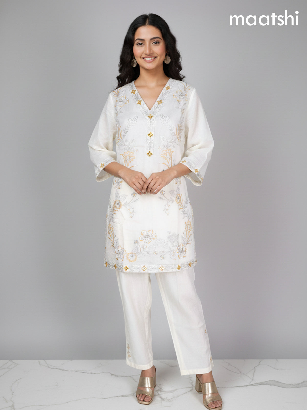 Cream Muslin Embroidery Work Co-Ord Set