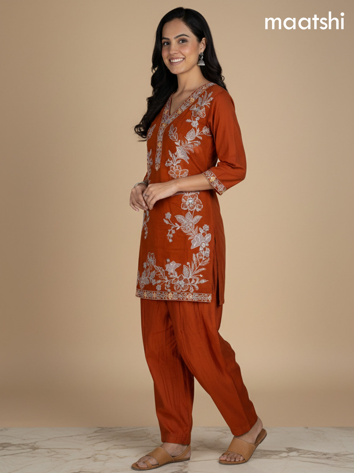 Rust Shade Muslin Embroidery Work Co-Ord Set