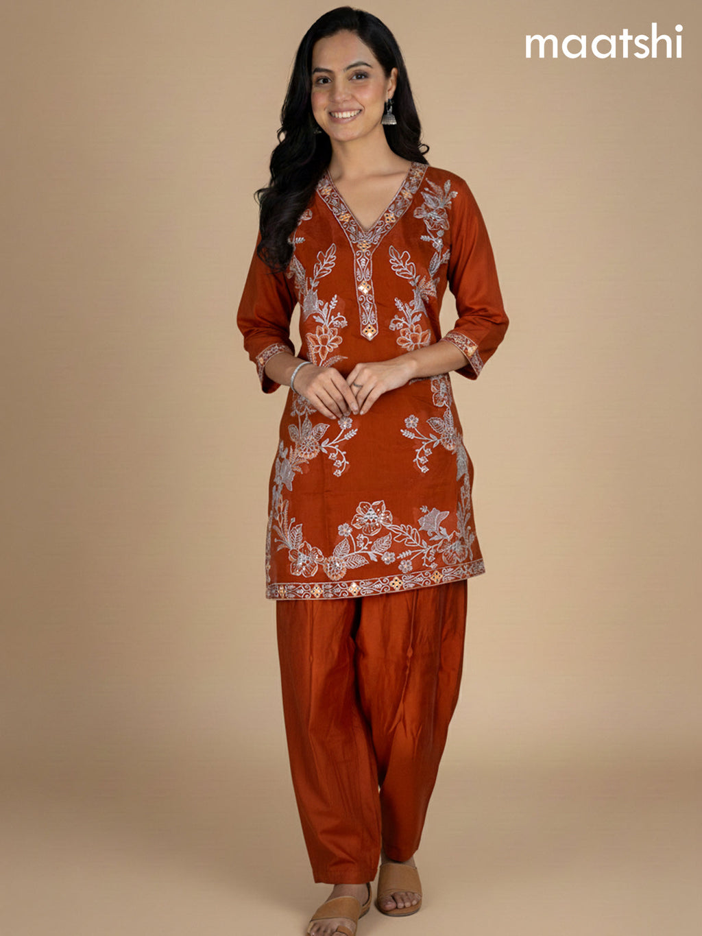 Rust Shade Muslin Embroidery Work Co-Ord Set