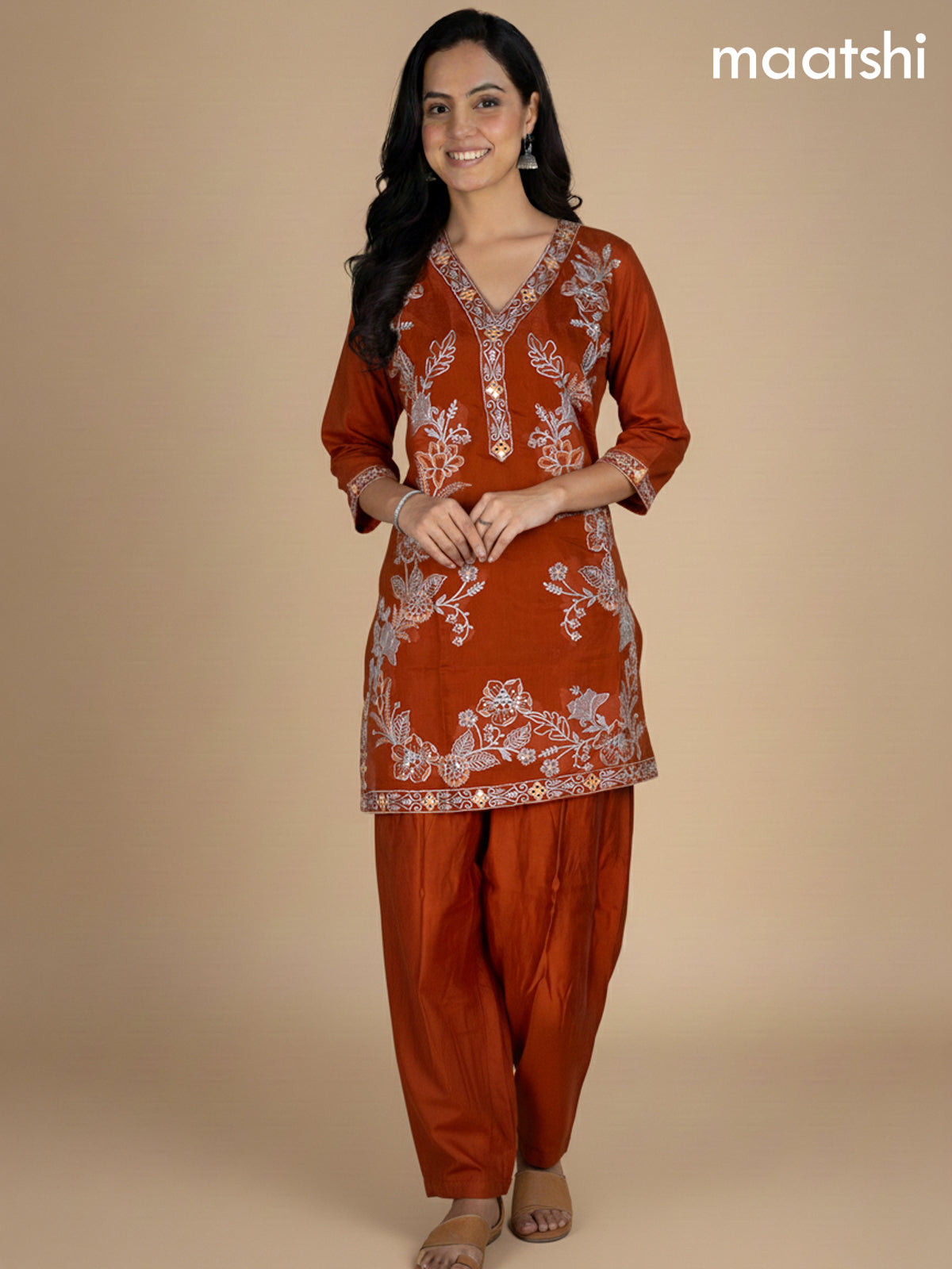 Rust Shade Muslin Embroidery Work Co-Ord Set