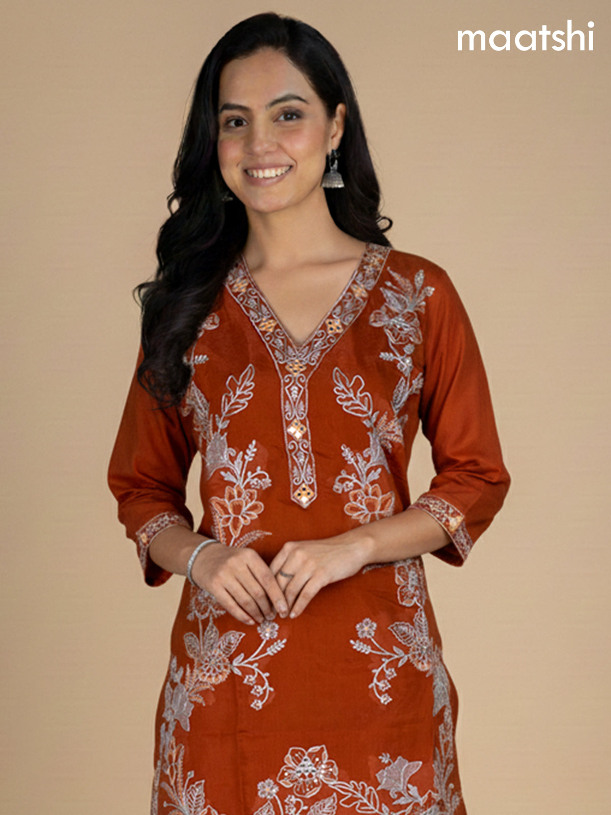 Rust Shade Muslin Embroidery Work Co-Ord Set