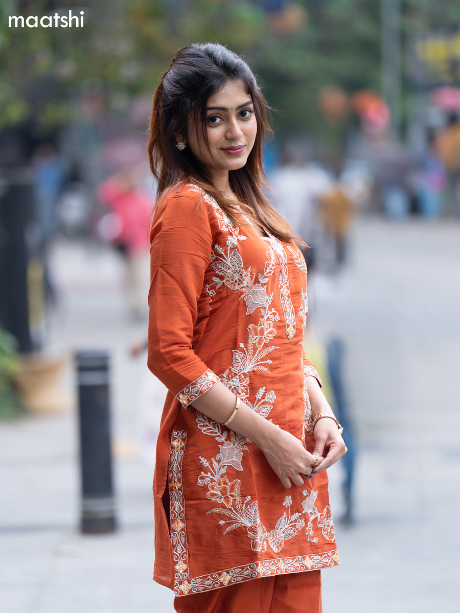 Rust Shade Muslin Embroidery Work Co-Ord Set