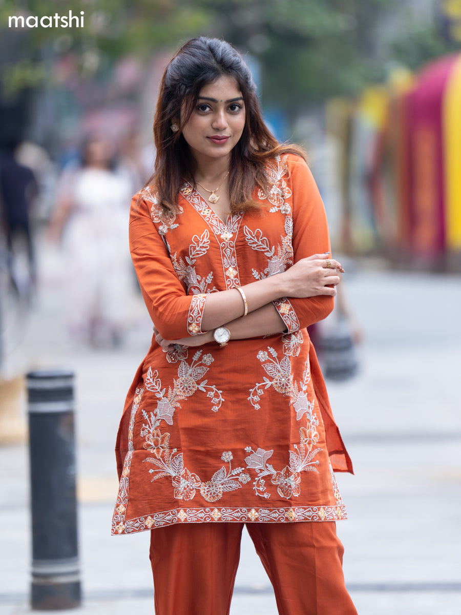 Rust Shade Muslin Embroidery Work Co-Ord Set