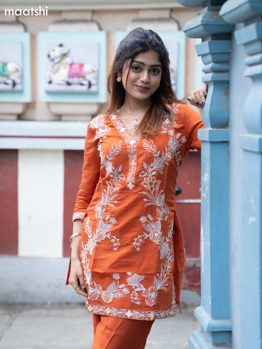 Rust Shade Muslin Embroidery Work Co-Ord Set