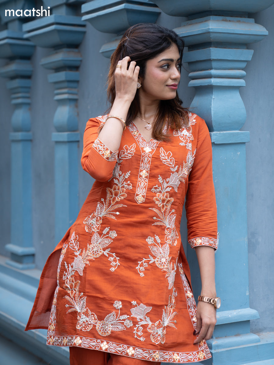 Rust Shade Muslin Embroidery Work Co-Ord Set