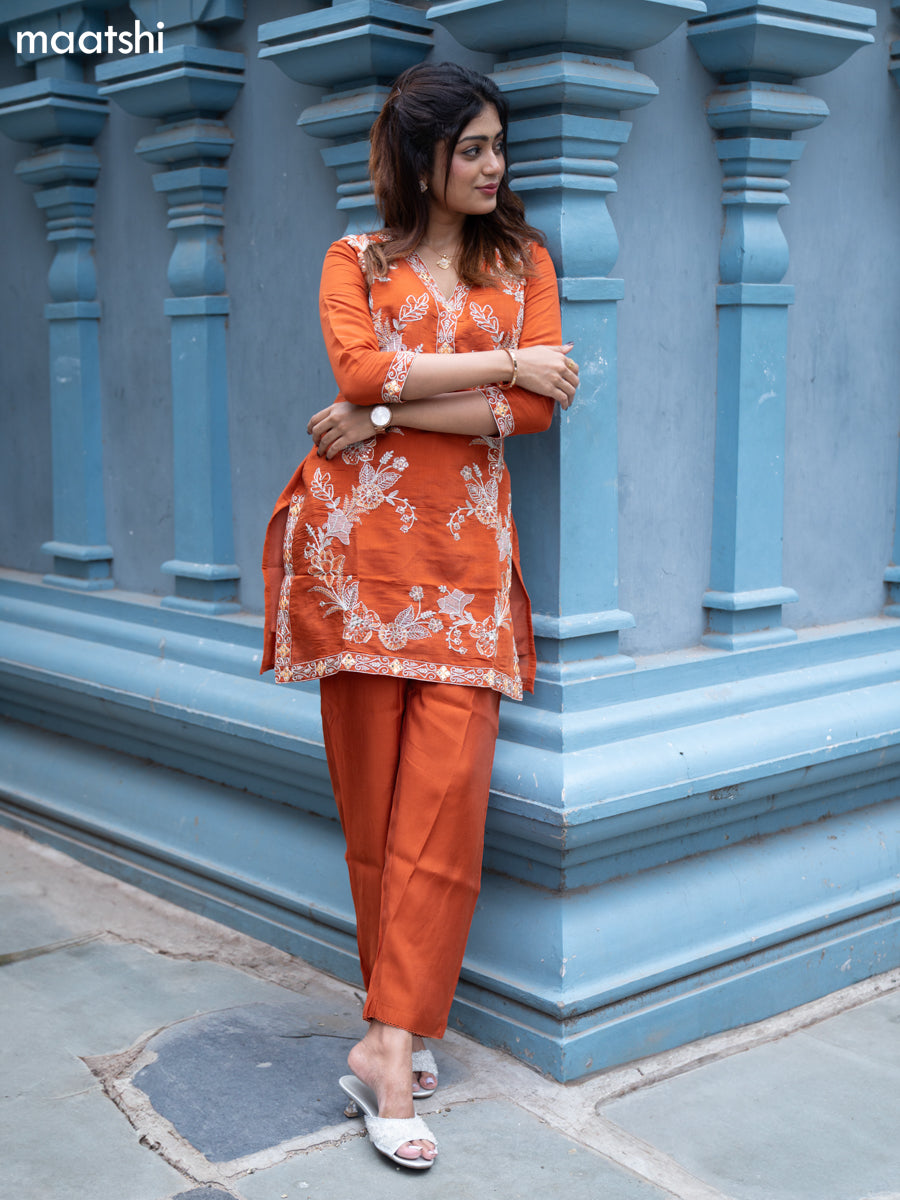 Rust Shade Muslin Embroidery Work Co-Ord Set