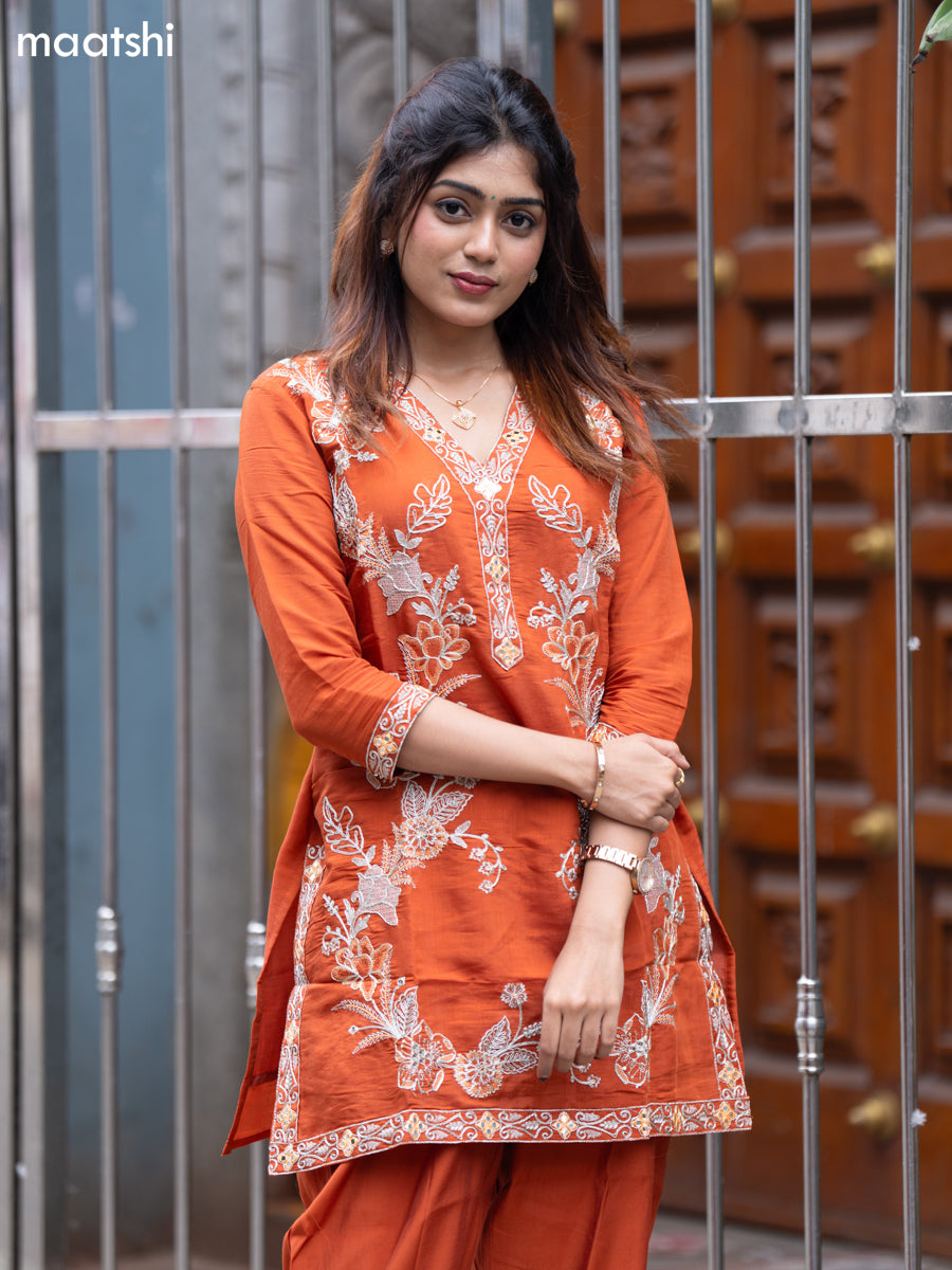 Rust Shade Muslin Embroidery Work Co-Ord Set
