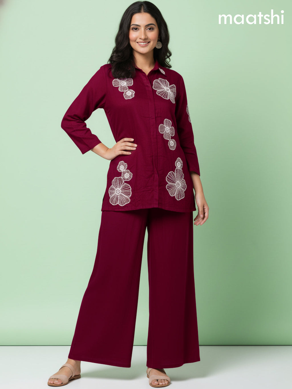 Maroon Russian Silk Beaded Work Co-Ord Set