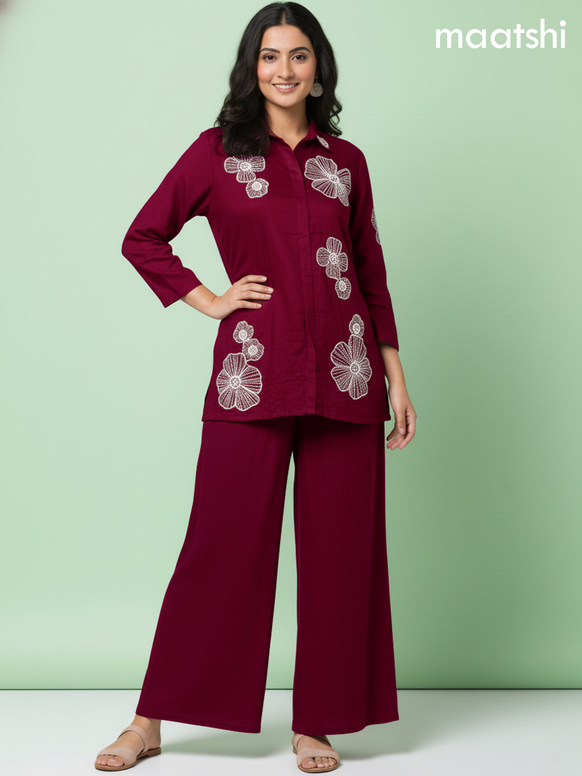 Maroon Russian Silk Beaded Work Co-Ord Set