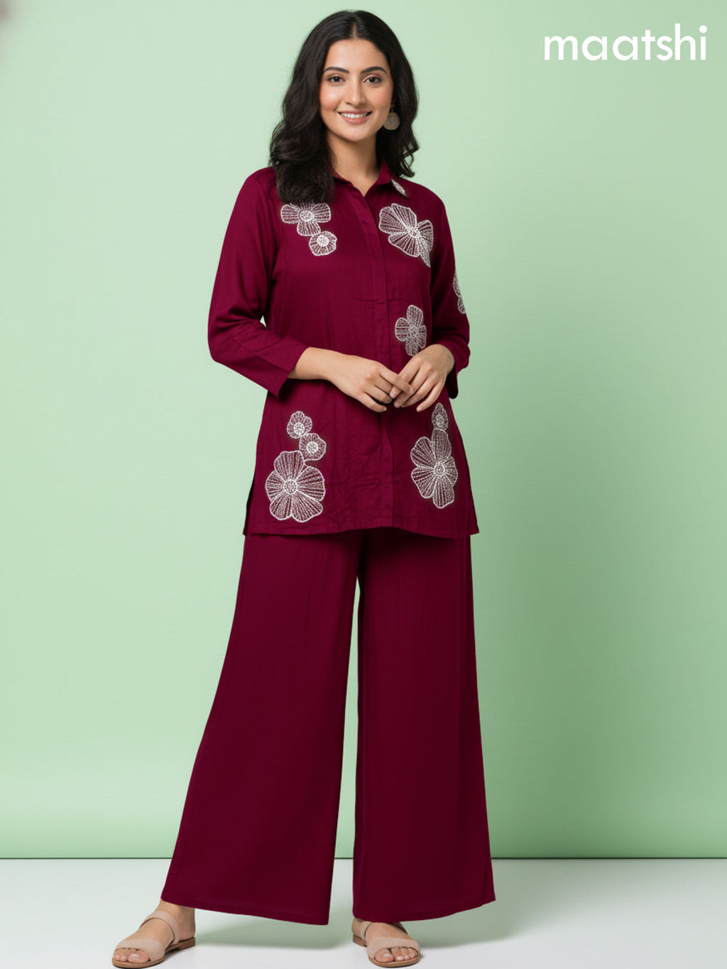 Maroon Russian Silk Beaded Work Co-Ord Set
