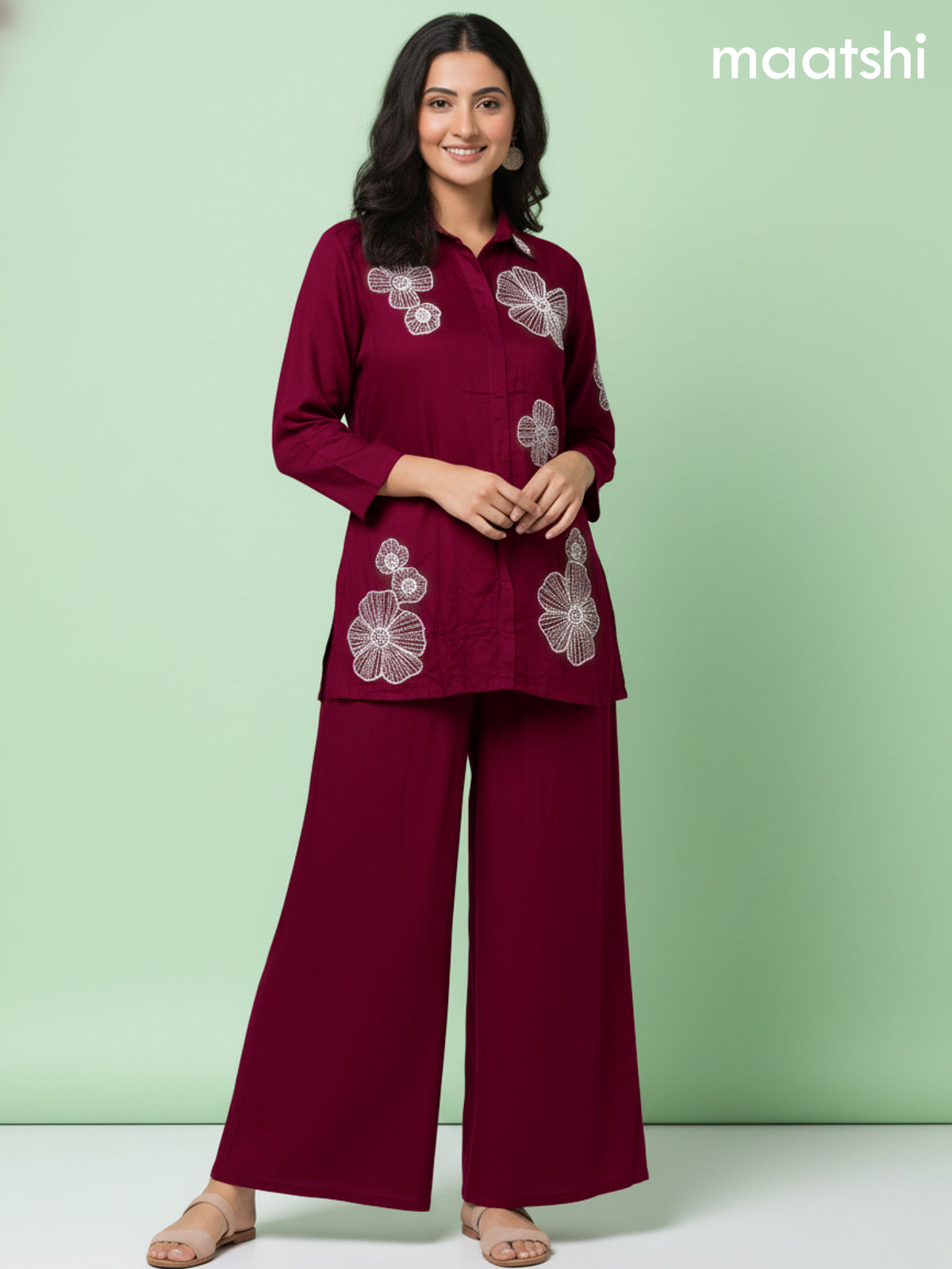 Maroon Russian Silk Beaded Work Co-Ord Set