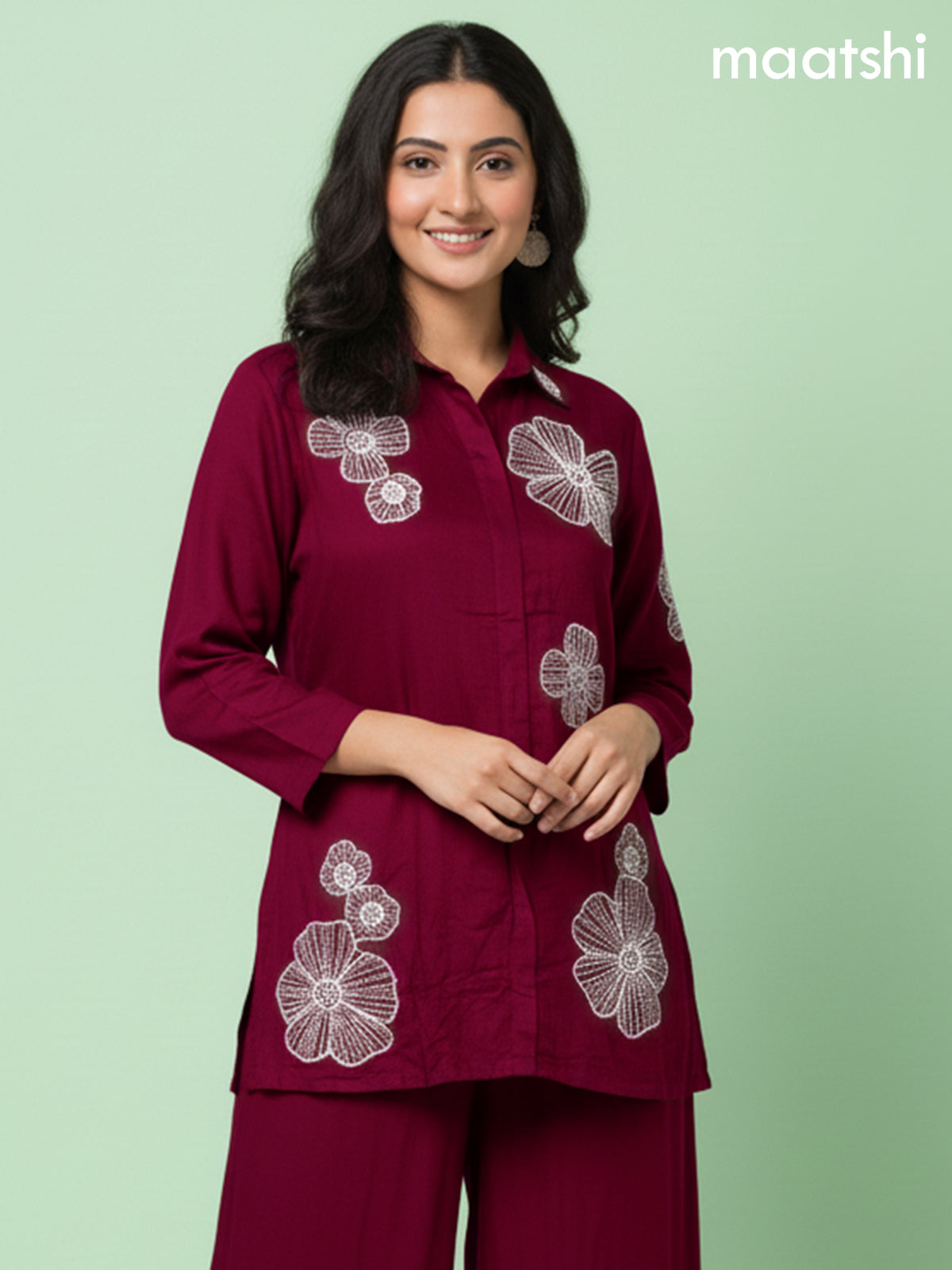 Maroon Russian Silk Beaded Work Co-Ord Set