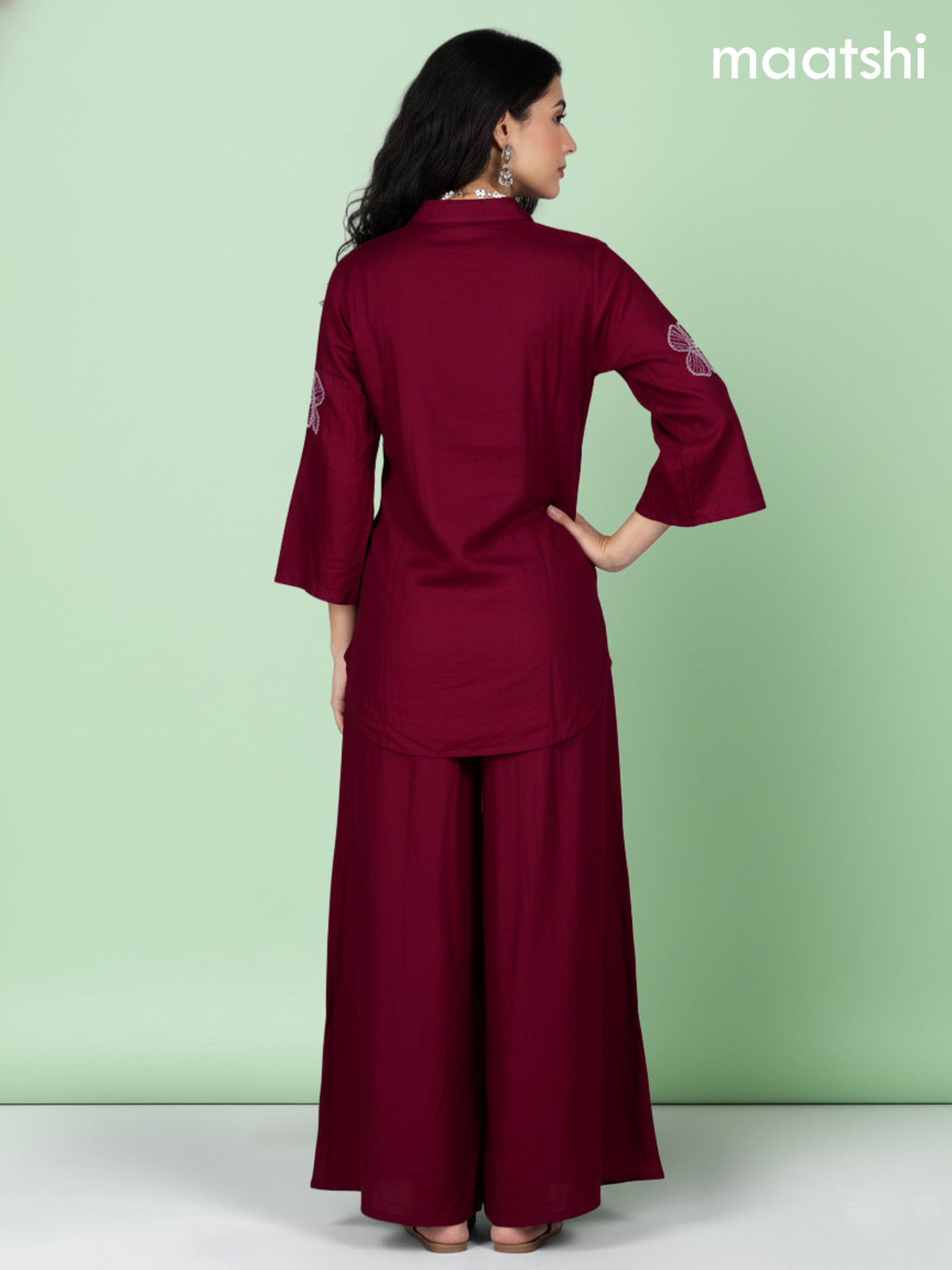 Maroon Russian Silk Beaded Work Co-Ord Set
