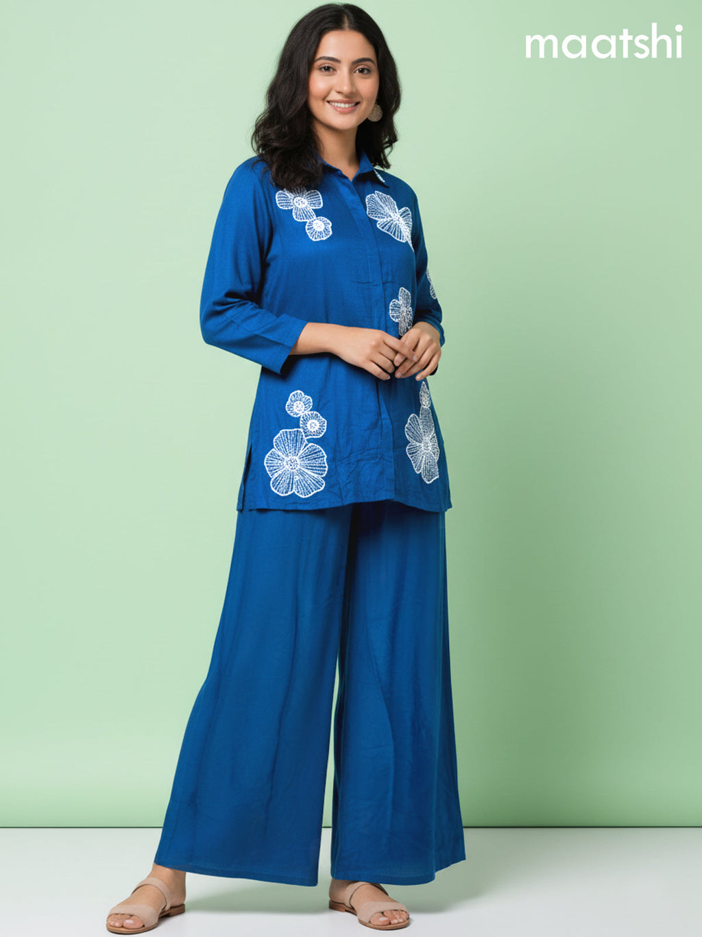Peacock Blue Russian Silk Beaded Work Co-Ord Set