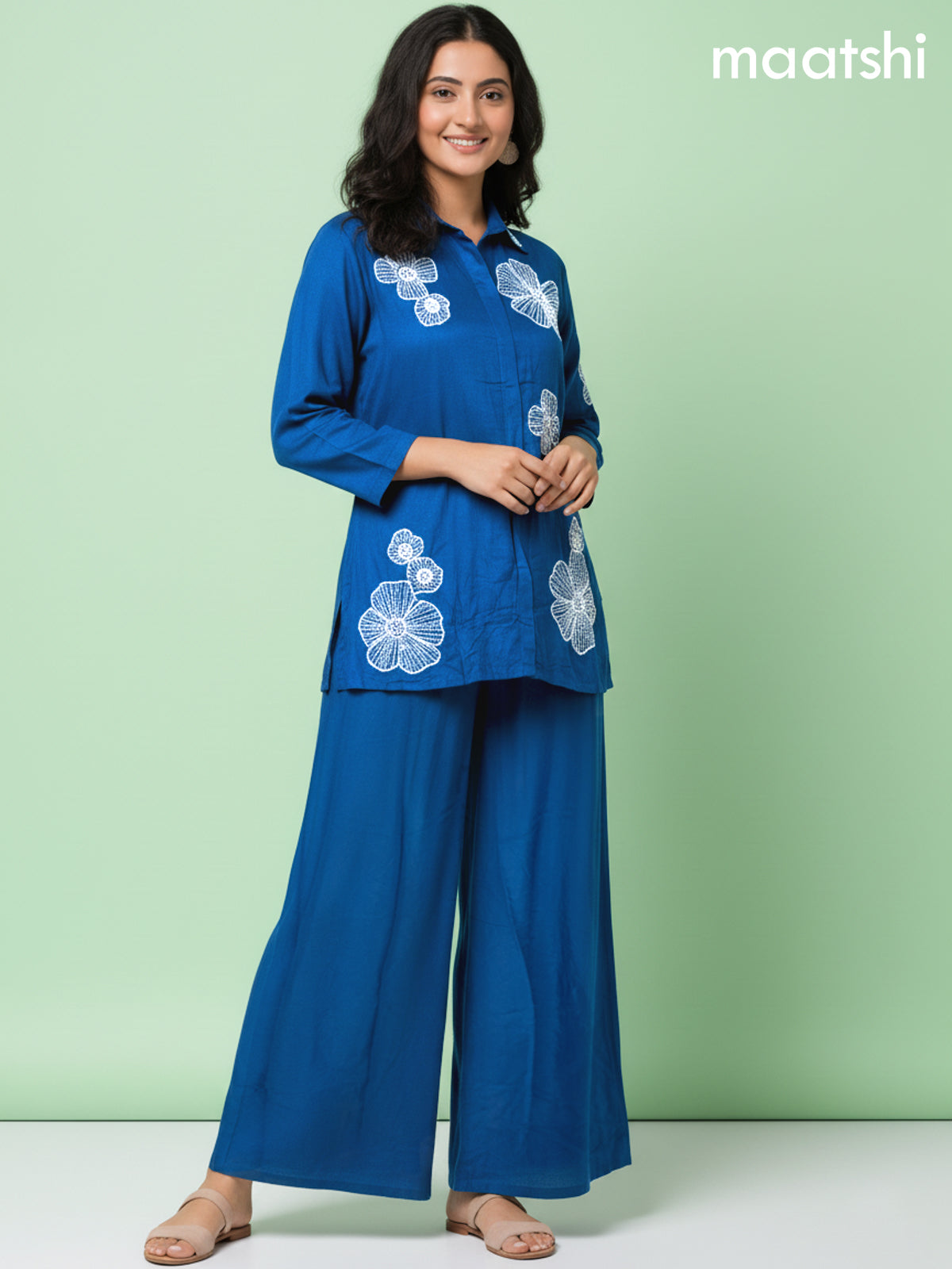 Peacock Blue Russian Silk Beaded Work Co-Ord Set