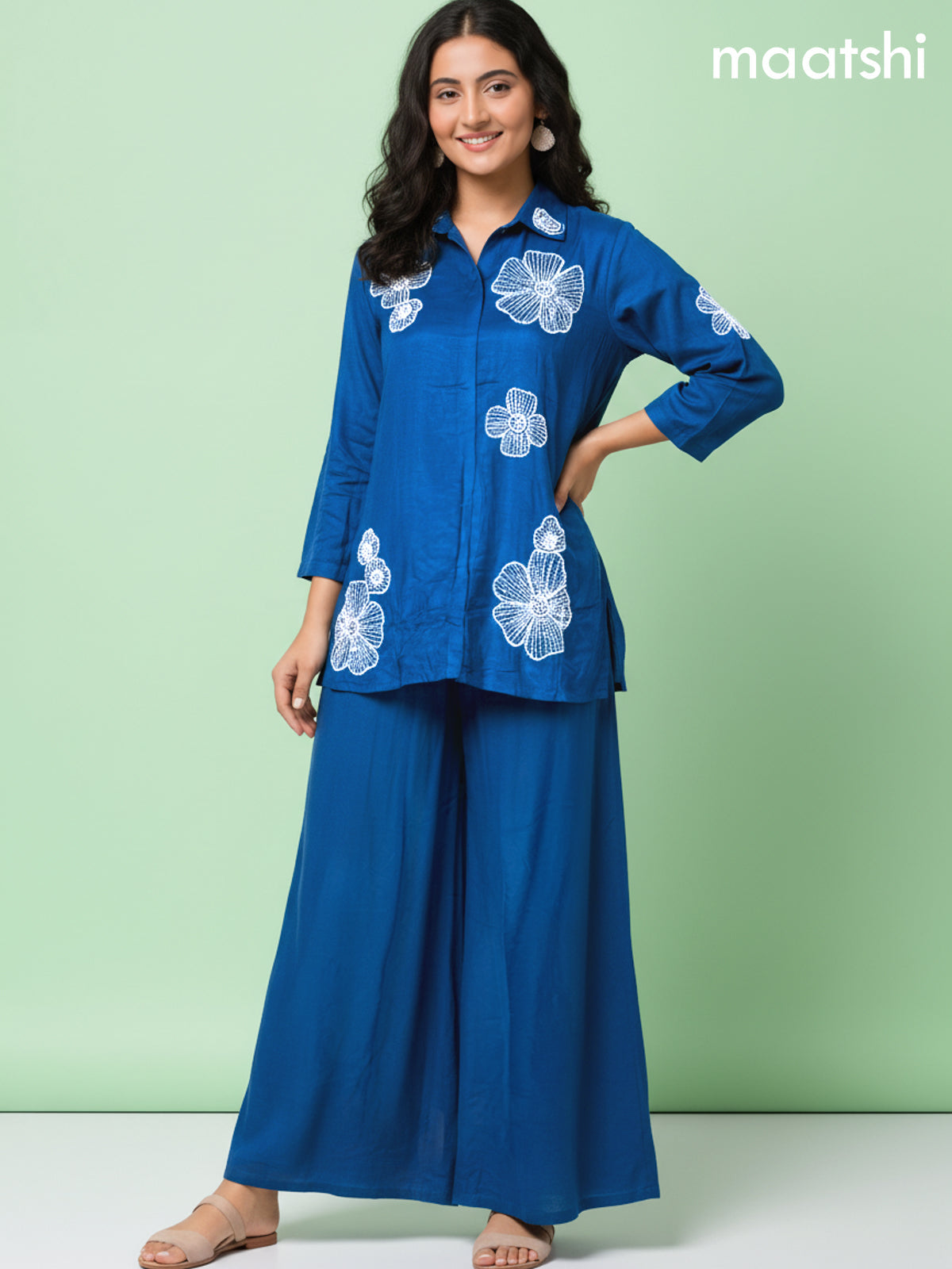 Peacock Blue Russian Silk Beaded Work Co-Ord Set