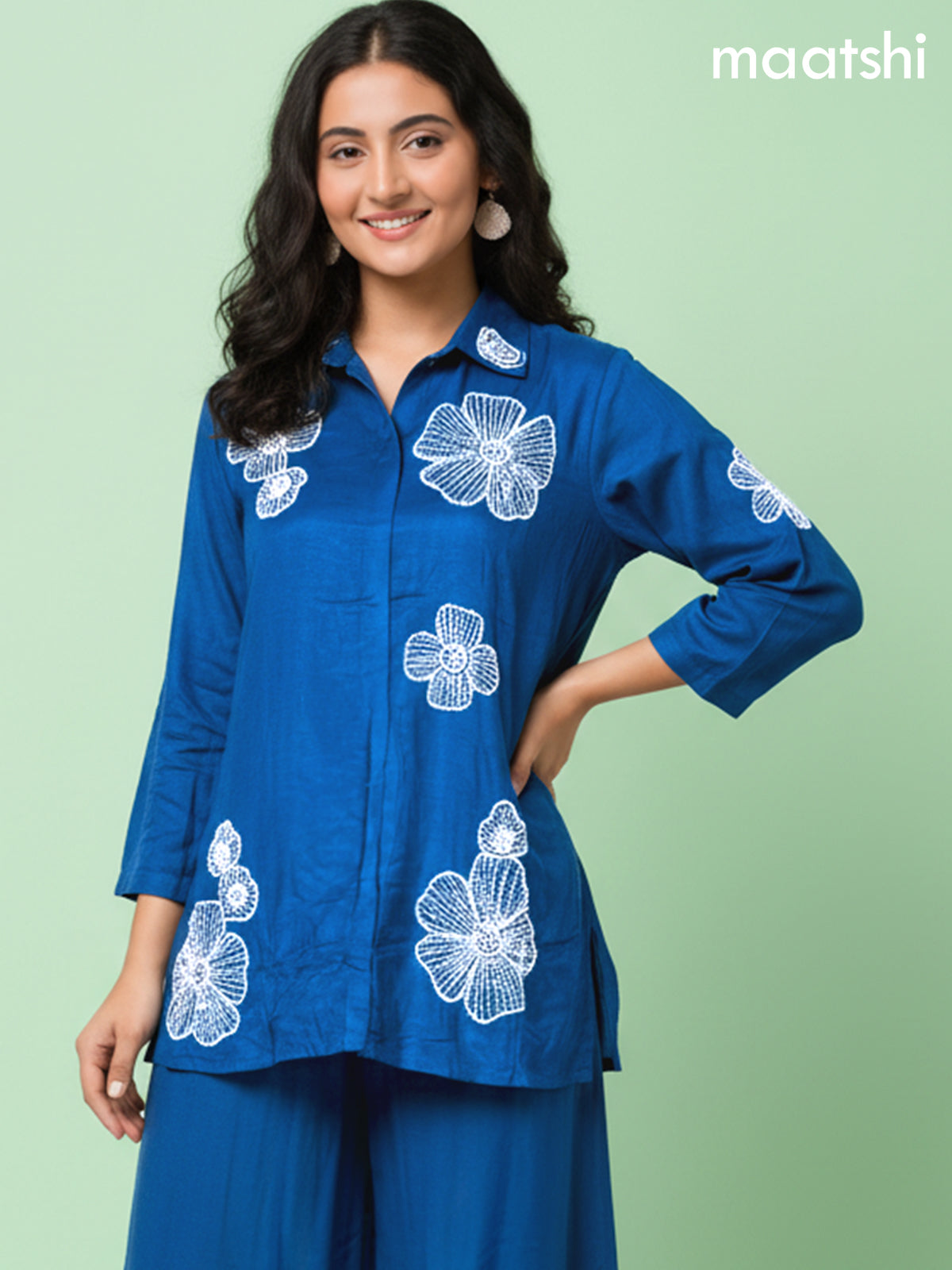 Peacock Blue Russian Silk Beaded Work Co-Ord Set